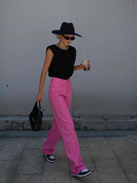 

women's jeans woman high waist pink green denim pants, Blue