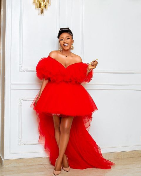 

2022 red tulle high low prom dresses aso ebi short front long back women birthday party dress v-neck a line puffy formal evening gowns custo, Black
