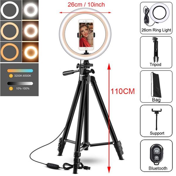 

flash heads 26cm led ringlight with tripod makeup dimmable fill lamp pography lighting selfie ring light phone trepied stand youtube live