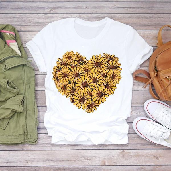 

women 2021 sunflower love heart flower print fashion cute summer shirt ladies womens t-shirts t graphic female tee t-shirt, White