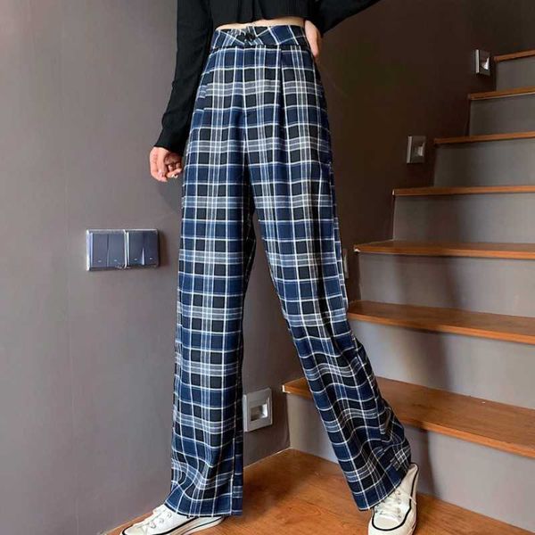 

vintage elegant plaid women casual long pants street korean fashion high waist straight wide leg pant 210526, Black;white