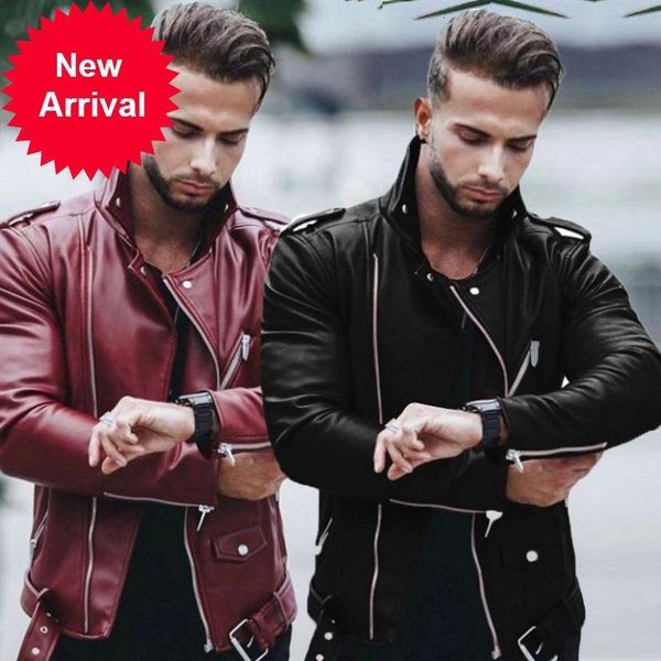 

2021 autumn & winter new korean loose plus size simple wine red lapel motorcycle slim men leather jacket ing, Black;brown
