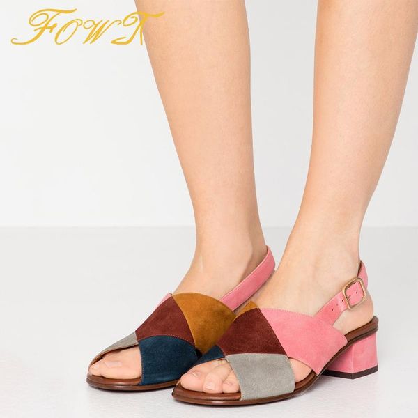 

sandals multicolor plaid fashion classics female med square heels buckle strap office dress women's shoes large size 44 45 fowt, Black