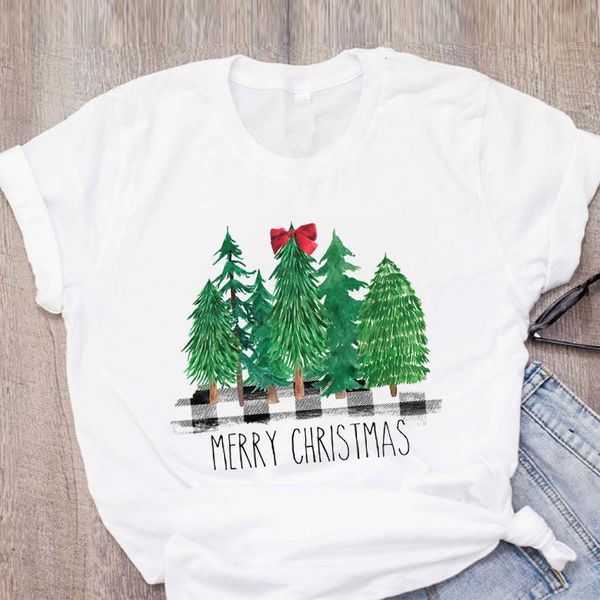 

women graphic 90s plaid leopard green tree new year merry christmas printed lady tees clothing female t shirt t-shirt, White