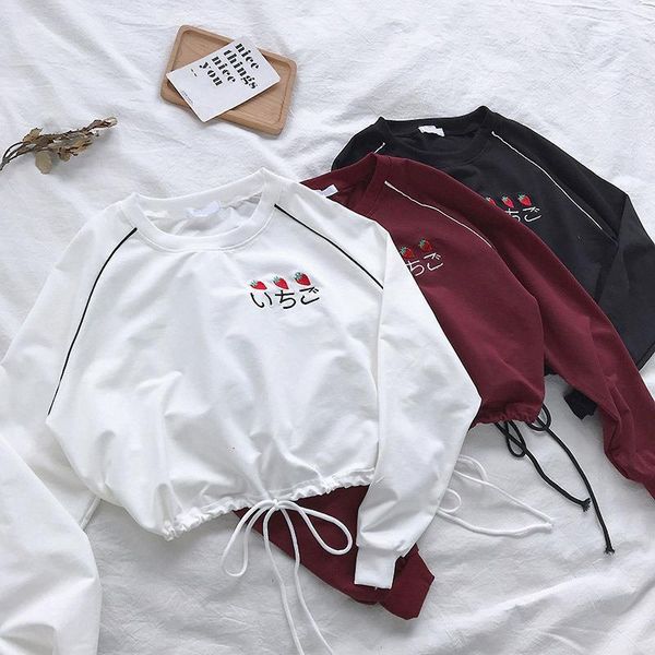

women casual sweatshirt 2021 new spring autumn long sleeve embroidery shirts women strawberry embroidery short sweatshirts, Black