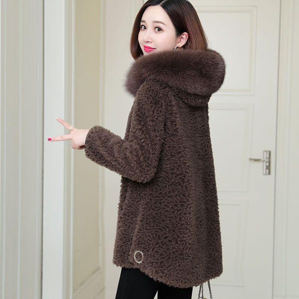 

women's fur & faux 2021 women winter genuine lamb coats female warm soft zipper jackets ladies real collar hooded overcoat u619, Black
