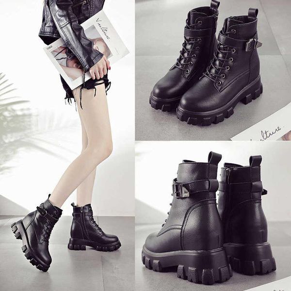 

boots women's thick soled short british style leisure leather, Black