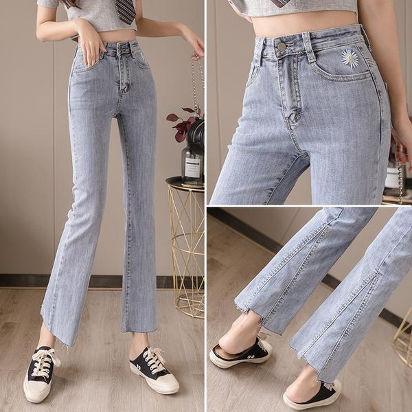 

women's jeans fashion 2021 spring embroidery small daisy high-waisted slim bootcut, Blue