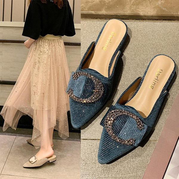 

slippers sandals and women summer wear 2021 rhinestone buttons lazy baotou half drag low heel pointed toe women's shoes, Black