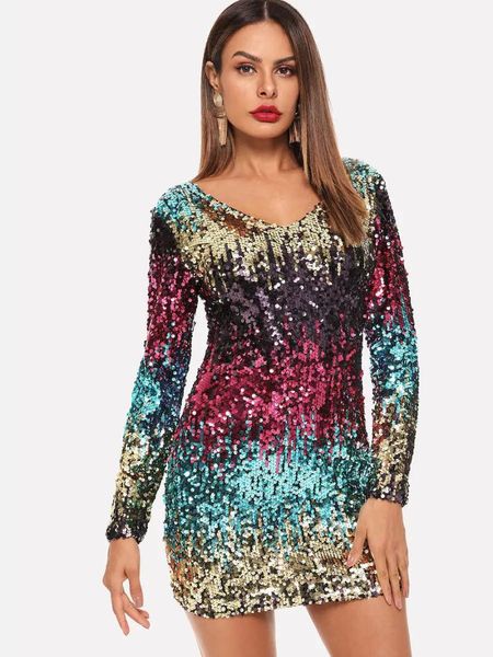 

casual dresses adfvat sparkly colourful sequine women party dress autumn winter long sleeve sheath deep v neck mini ts003, Black;gray
