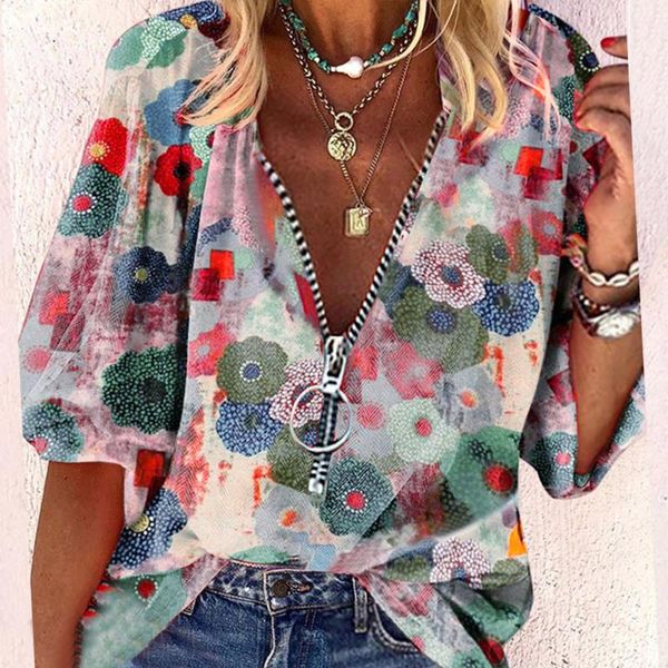 

women's blouses & shirts zipper v neck floral printed loose womens and pullover tunic shirt blouse tee blusas mujer vintage, White