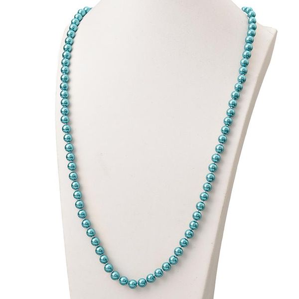 

chains wholesale manual diy long pearls necklace 8mm round blue imitation shell charm 36inch for elegant ladies h867, Silver