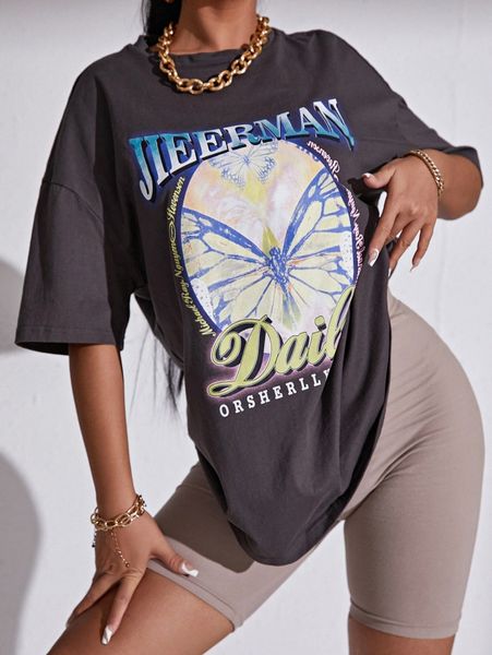 

sxy butterfly and letter print drop shoulder tee p4lp#, White