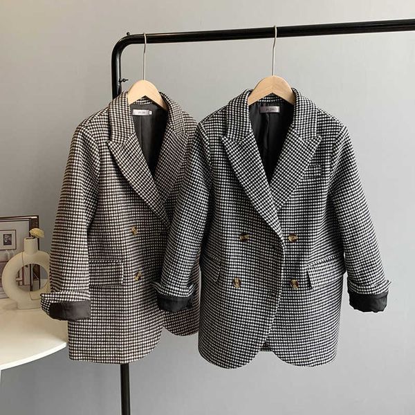 

autumn winter vintage plaid blazer women's long sleeve double breasted loose suit coat office lady 210607, White;black