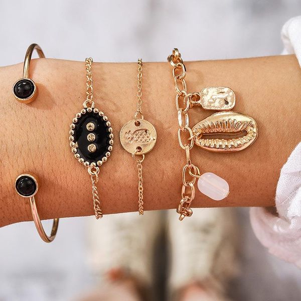 

link, chain gold color bohemian handmade tassel pineapple shell bracelet sets women 2021 rope bracelets retro jewelry accessories, Black