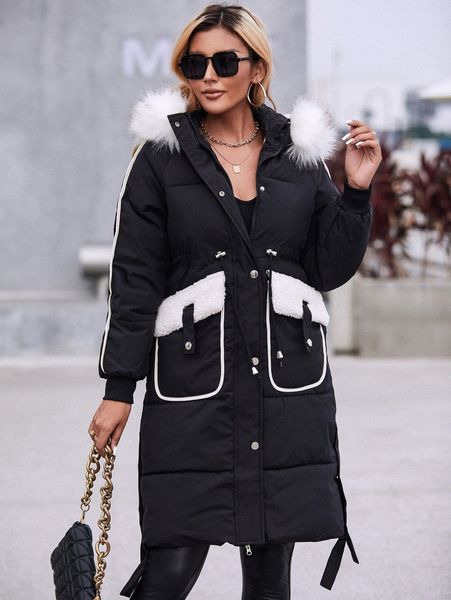 

striped tape drawstring waist fuzzy trim hooded puffer coat p6xi#, Black