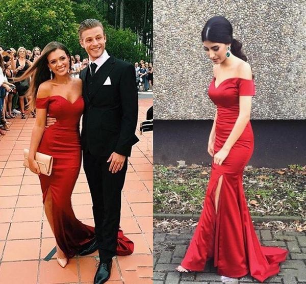 

2021 new red off shoulders sweep train satin mermaid prom custom made split evening es vestidos de fiesta party gown 2lhq, Black;red