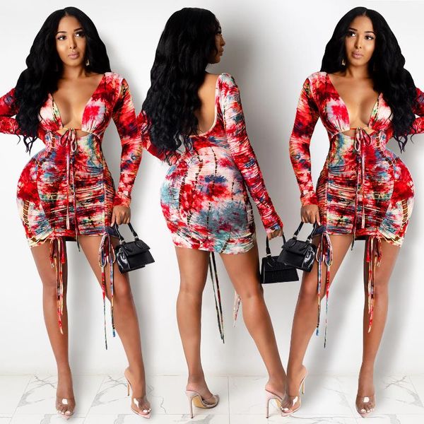 

casual dresses fashion floral printed party club dress women sukienka deep v-neck drawstring backless long sleeve mini robe femme, Black;gray