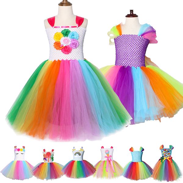 

girls fancy rainbow candy costume cosplay dress for children kids halloween carnival party suit rainbow sweet dress ball gown, Red;yellow
