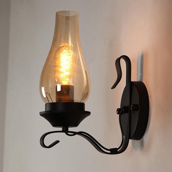 

creative bedroom bedside wall lamp american industrial style single-head wrought iron lantern corridor stair lamp