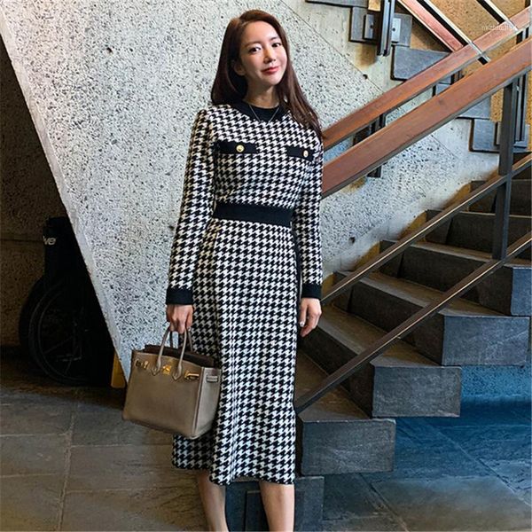 

casual dresses korean style 2021 winter women o-neck full sleeve dress office lady fashion long knit sweater mid-calf dress1, Black;gray