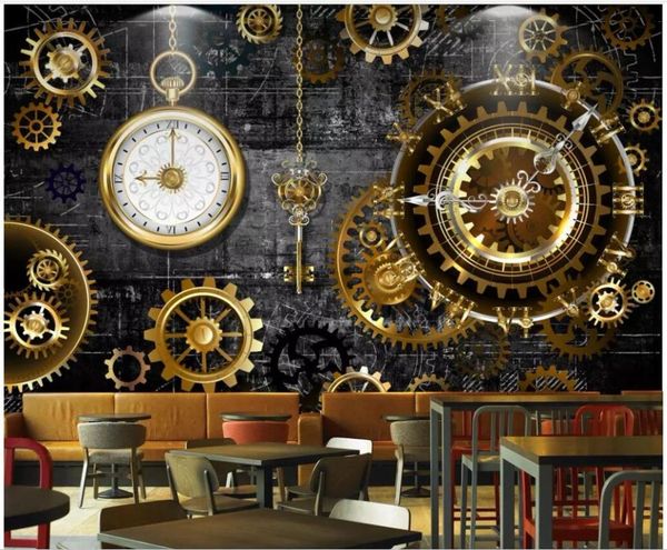 

wallpapers 3d wallpaper custom po european and american industrial wind gold gear clock mural room home decor wall muals paper
