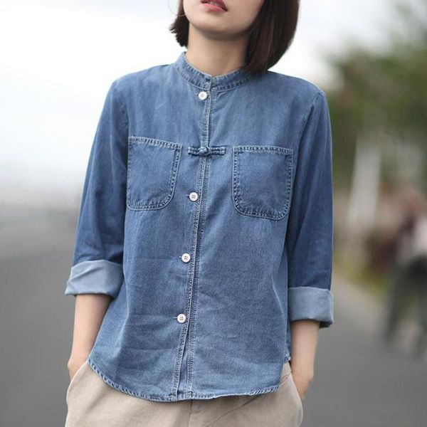 

women's blouses & shirts women vintage button full sleeve stand collar solid color casual clothes 2021 autumn ladies, White