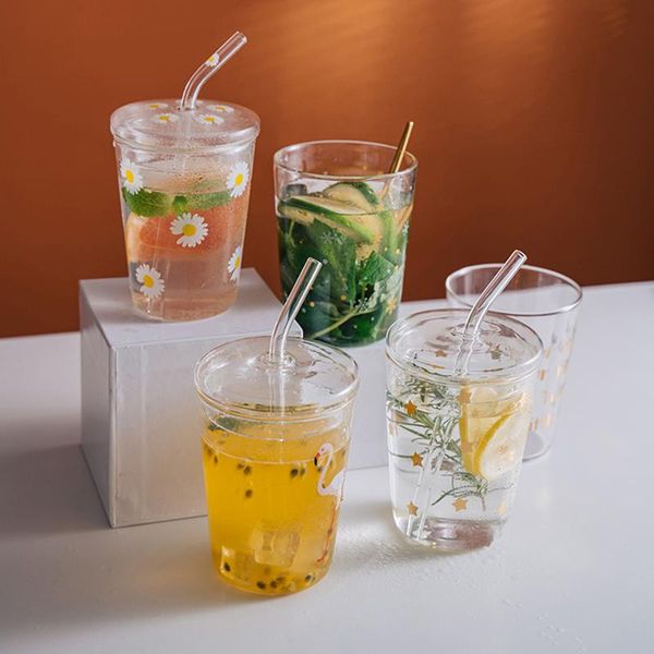 

wine glasses kawaii daisy glass water coffee cup with straw lids cute transparent letters star flower korean milk juice drinking cups