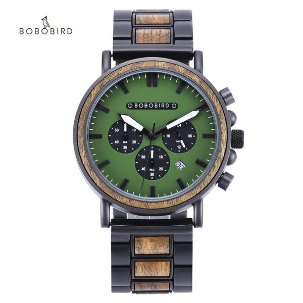 

wristwatches bobo bird men watch fashion green wooden metal quartz wristwatch chronograph auto date display timepiece relogio masculino, Slivery;brown