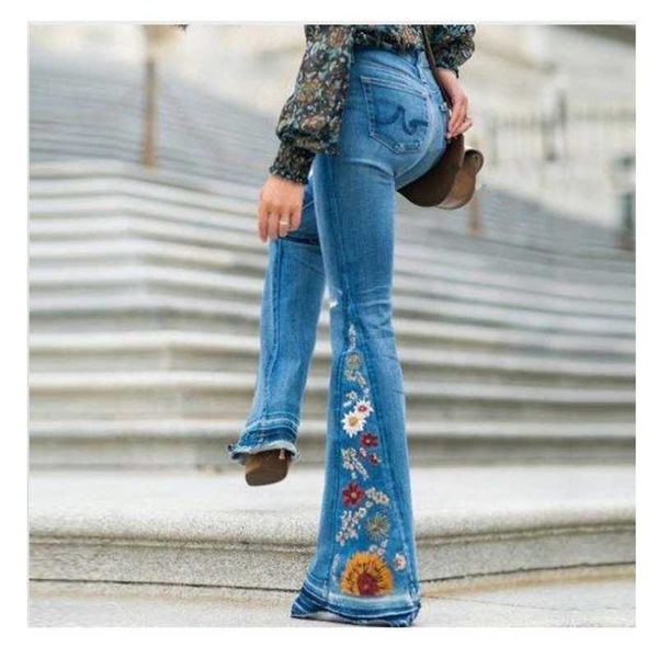 

embroidered trousers denim bell bottom pants ventilation high street wide legged women elasticity breathe reely nylon wide pants 211104, Blue