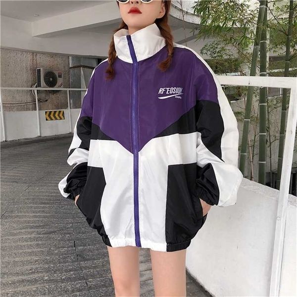 

jacket patchwork color loose zippered stand collar tracksuit windbreaker coats hip hop female streetwear outwear 211029, Black;brown