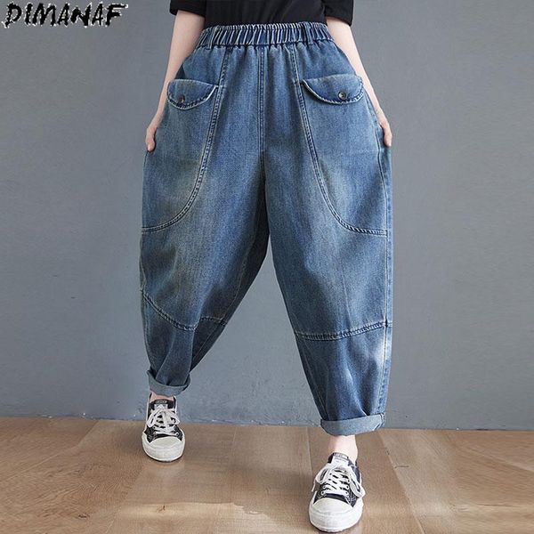 

dimanaf plus size women jeans pants pants harem loose vintage patchwork denim female elastic waist 2021 spring big new trousers, Blue
