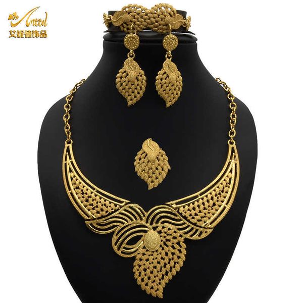Наборы ожерелья Aniid для женщин Индийские ювелирные изделия Африканские Золотые серьги Кольца Браслет Bridal Свадебные Подружки Невесты Подарочные Аксессуары H1022
