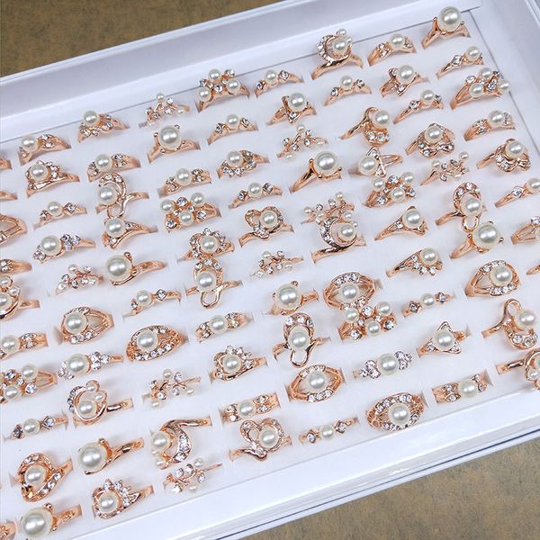 

50pcs/lot fashion luxury rose gold color band pearl crown metal rings for women party gifts wedding jewelry mix style wholesale, Silver