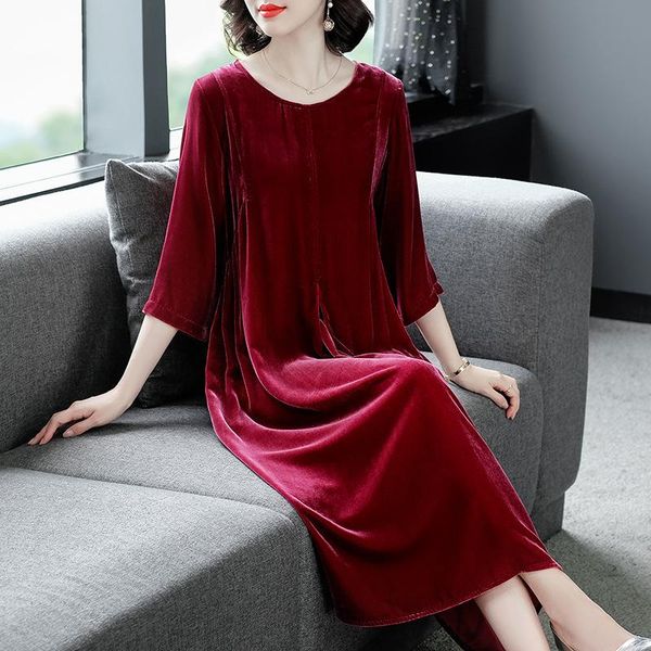 

ro silk dress is original design of new fund of 2021 autumn 7 minutes sleeve blockbuster silk velvet loose, Black;gray