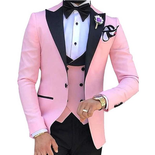 Pink Slim Fit Homens Ternos para Casamento Formal Groomsmen Tuxedo 3 Parte Jaqueta Dupla colete Breasted com calças Fashion Traje X0909