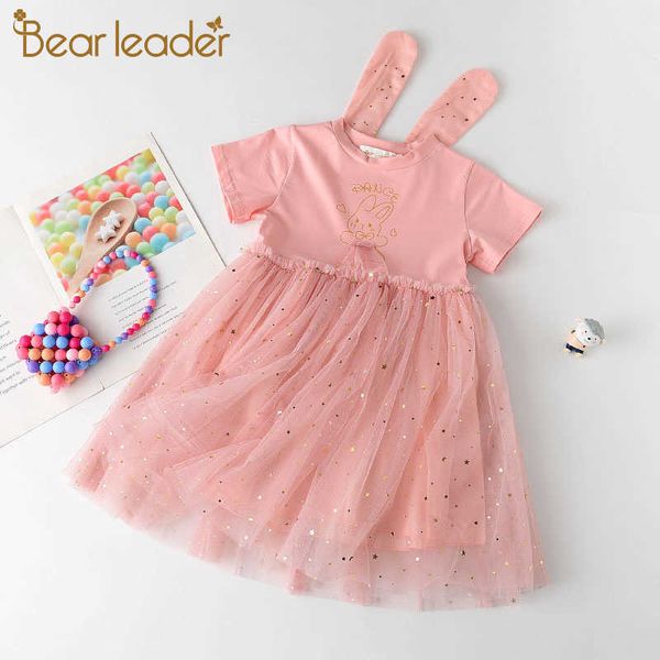 

bear leader girls sweet dresses summer kids cartoon bunny princess dress children sequined costumes baby vestidos 3-7y 210708, Red;yellow