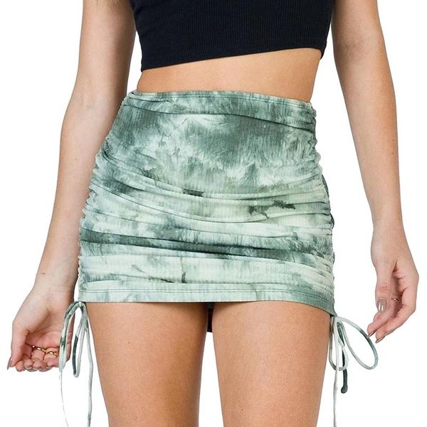 

skirts women pleated tie-dye short mini skirt female stretch high waist drawstring bowknot knit streetwear knitwear, Black