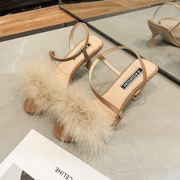 

dress shoes fashion high heels summer women stiletto sandalen open toe fluff strappy thin lace up fur sandals 2021, Black