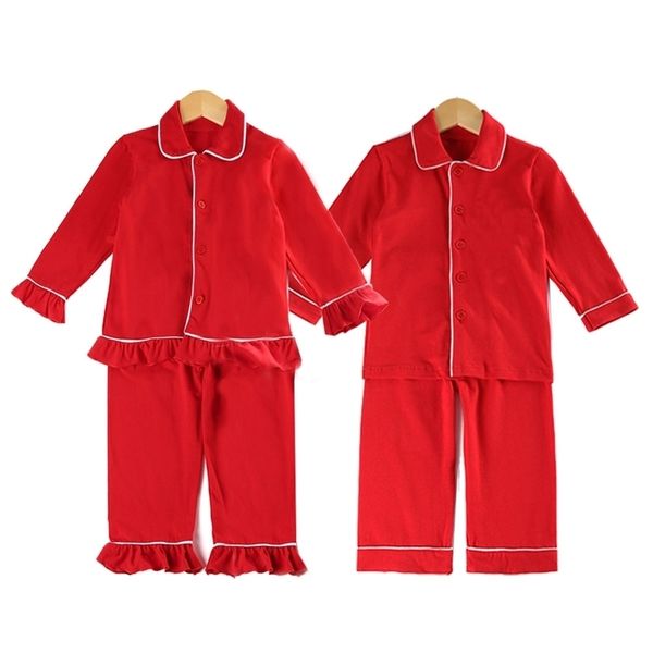 Familien-Weihnachtspyjama für Jungen, Kleinkinder, Mädchen, Nachtwäsche, Rüschen, Rüschen, Pyjama, 100 % Baumwolle, rotes Pyjama-Set 211026