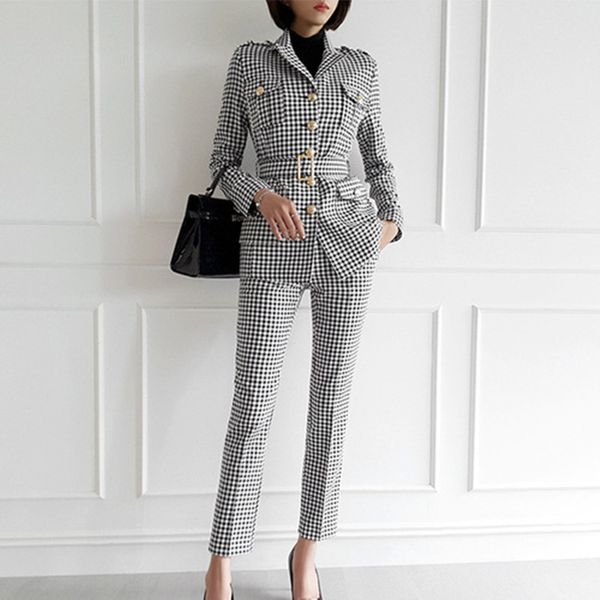 

2021 new fashion plaid women suits long sleeve double breasted pants set pink office ladies two-piece blazer sets 7ir4, Gray
