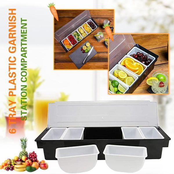 

storage bottles & jars 6 tray plastic fruit boxes garnish station compartment black condiment holder multifunctional kitchen accessories