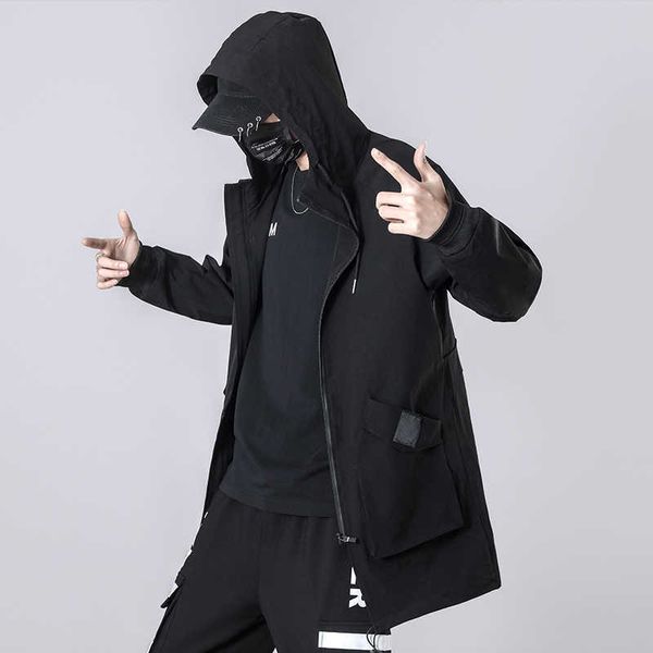 Весна осень длинные траншеи пальто мужчины мода Techwear черная ветровка с капюшоном пальто с капюшоном пальто с капюшоном