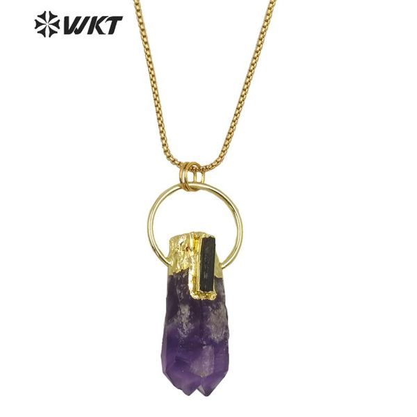

chokers wt-n1266 gorgeous big amethysts point energy stone necklace lady lucky with gold plated in 18 inch long, Golden;silver