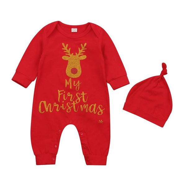 

boiiwant 2021 my 1st christmas baby girl boy rompers reindeer letter print long sleeve jumpsuit+hats xmas suit 0-18m, Blue