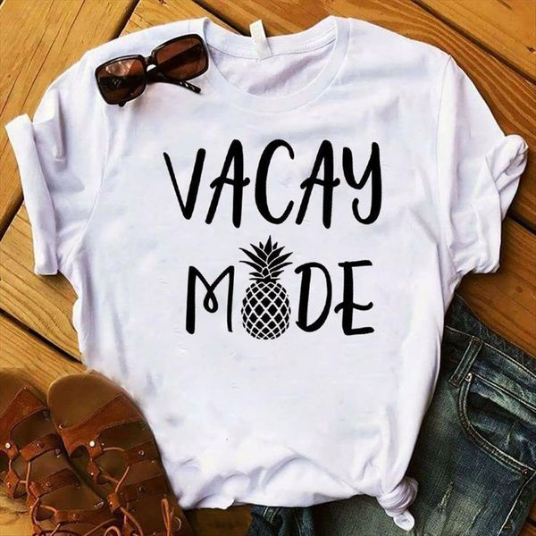 

pineapple vacay mode printed women short sleeve tee clothes graphic, White