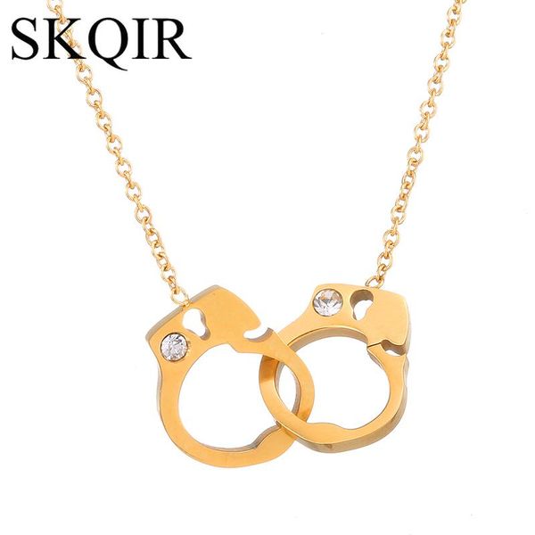 

pendant necklaces gold double handcuffs necklace clear crystal stainless steel silver color chain women men valentine day gift