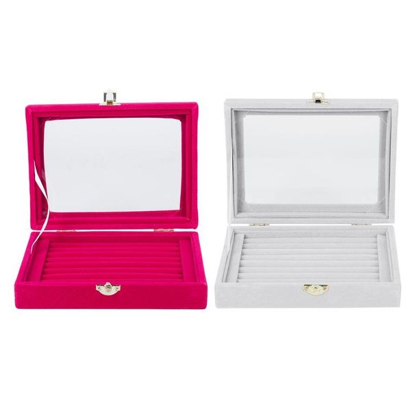 

jewelry pouches, bags 2 pcs velvet glass ring earring display organizer box tray holder storage case, rose red & gray, Pink;blue