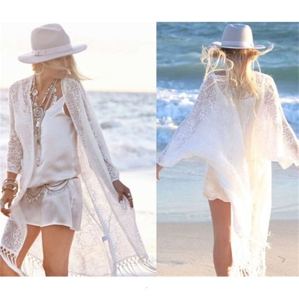 

3068 lace tassel beach long cardigan sunscreen bikini jacket holiday skirt, White;black