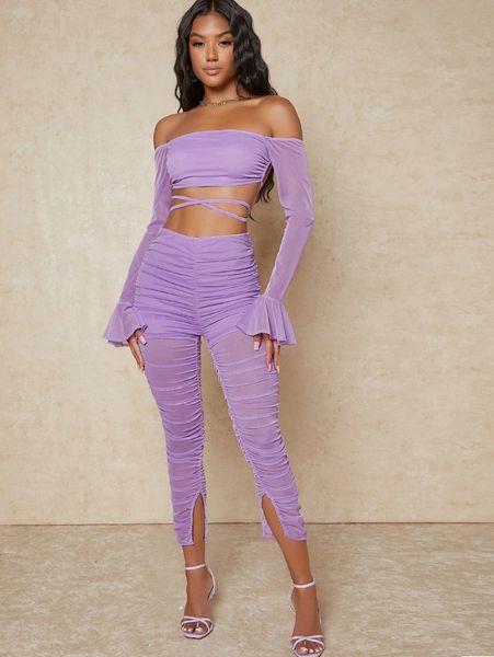 

sxy off shoulder lace up back flounce sleeve & ruched pants g4qv#, White